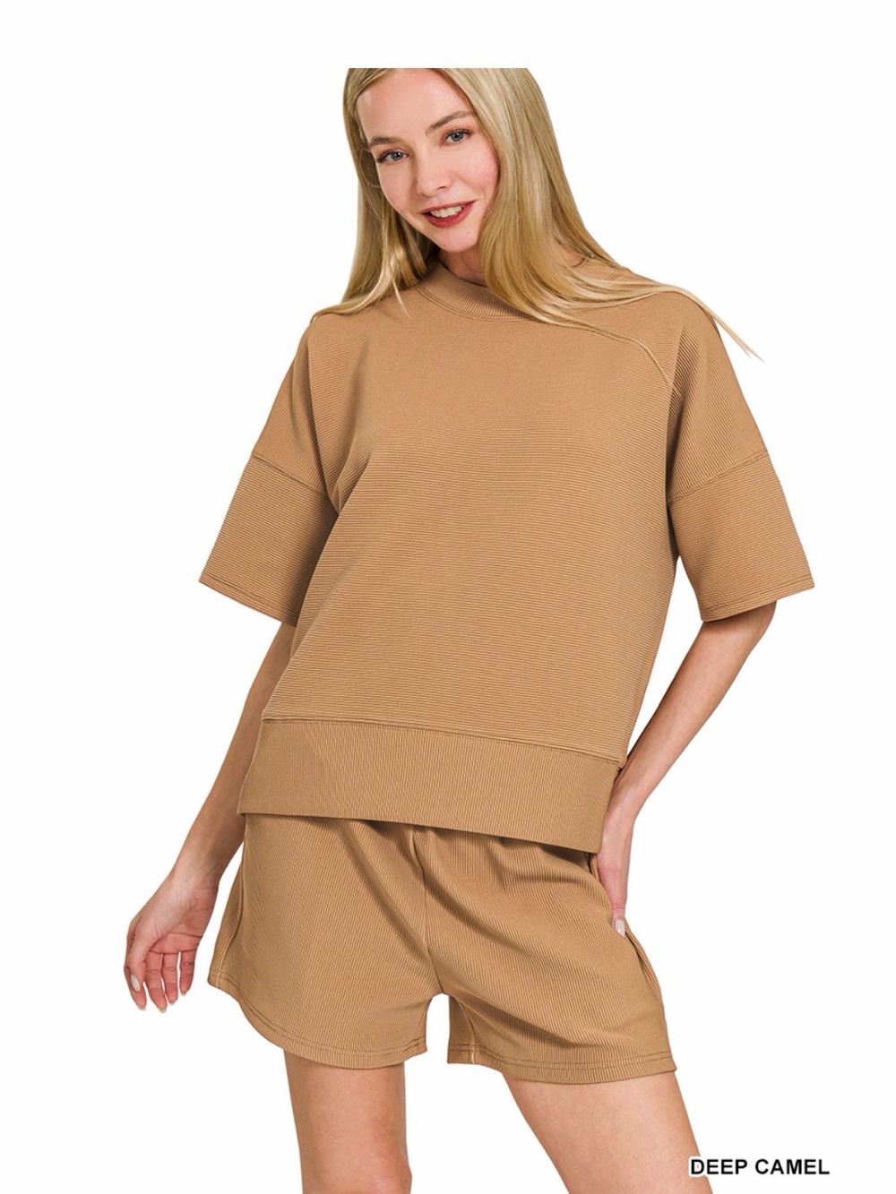 Zenana Outfitters Deep Camel Ribbed Round Neck Short Set